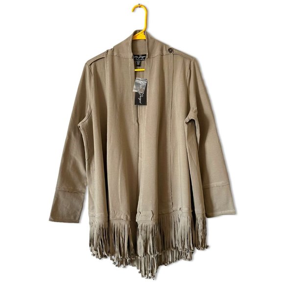 Gretty Zueger Sweaters - Gretty Zueger Fringe Cardigan Size Large Open French Terry Taupe
